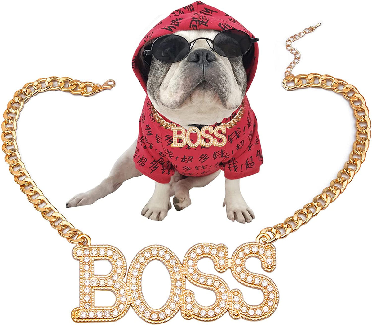 Dog Collar for Bulldog and Cat Fashionable Golden Necklace Kitten Adjustable Metal Cuban Chain with Boss Crystal Pendant Doggies Accessary Pets Wedding Birthday Party Gift 17In(Golden)
