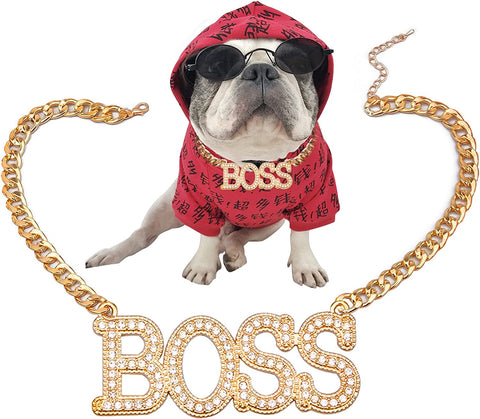 Dog Collar for Bulldog and Cat Fashionable Golden Necklace Kitten Adjustable Metal Cuban Chain with Boss Crystal Pendant Doggies Accessary Pets Wedding Birthday Party Gift 17In(Golden)