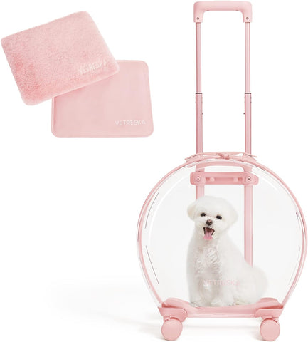 Pet Carrier with 1 Stickers and 2 Mats, Pink Pet Partially Transport Luggage with Wheels and Telescopic Handle, Pet Travel Carrier for Small & Medium Dogs/Cats