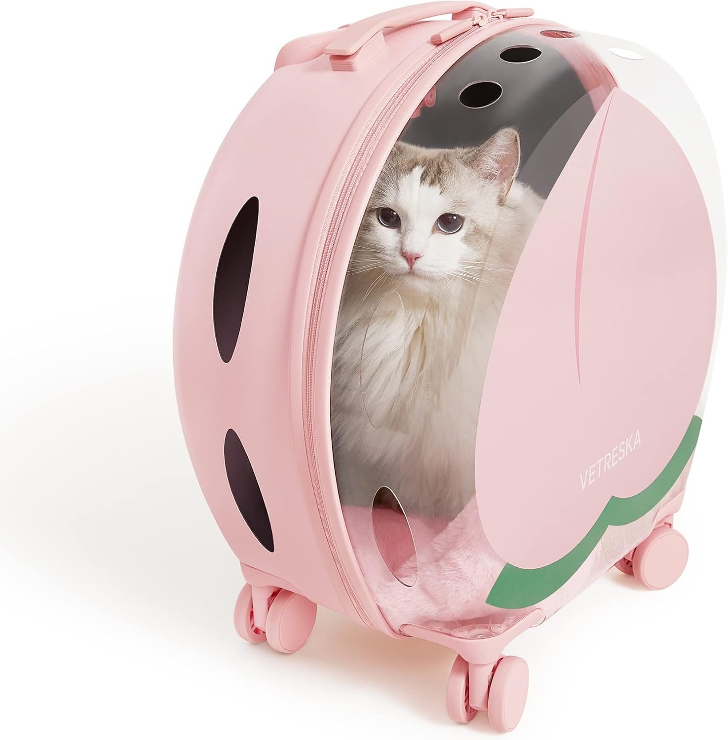 Pet Carrier with 1 Stickers and 2 Mats, Pink Pet Partially Transport Luggage with Wheels and Telescopic Handle, Pet Travel Carrier for Small & Medium Dogs/Cats