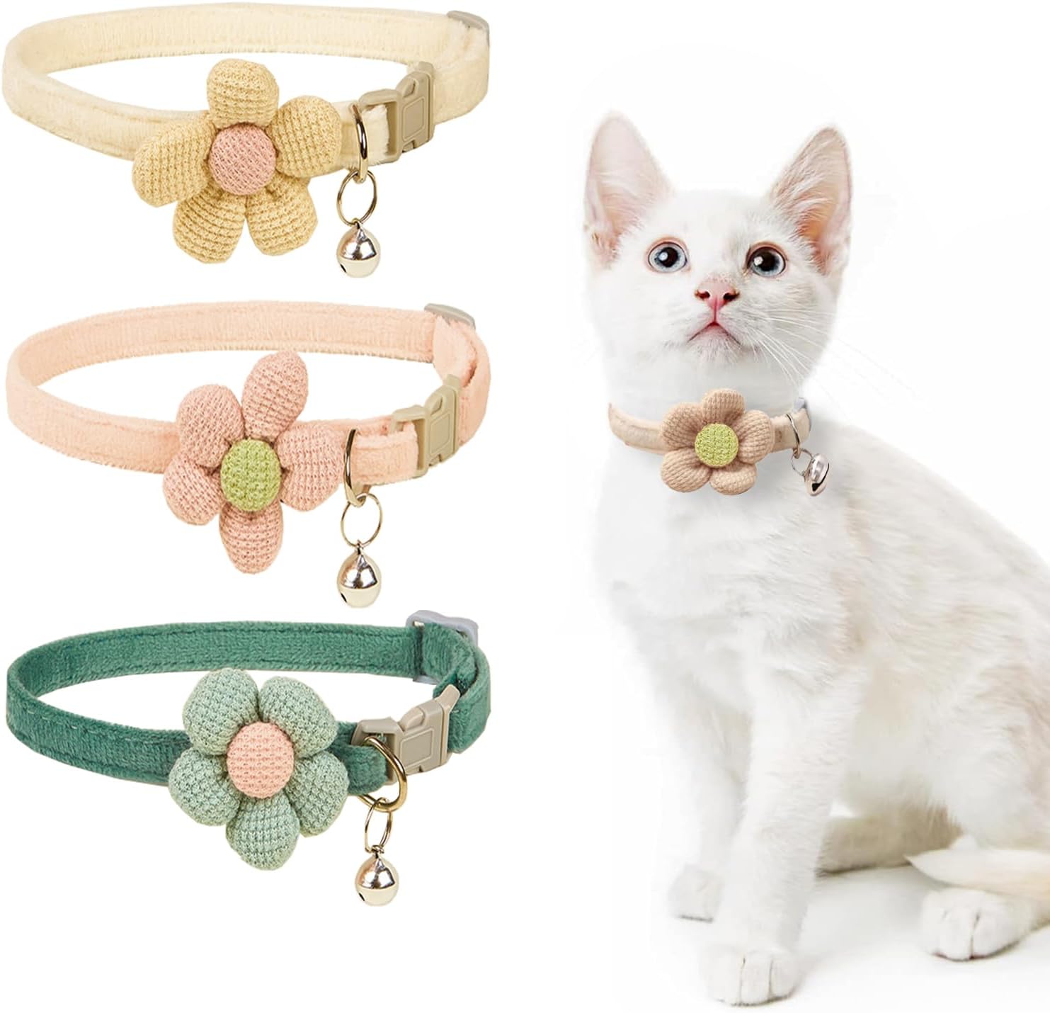 3 Pack Cat Collar with Flower - Cat Collar with Bells Adjustable Floral Flower Bowtie Collars Boy Girl Cute Collar Accessories for Kitten Kitty Puppy and Small Pets