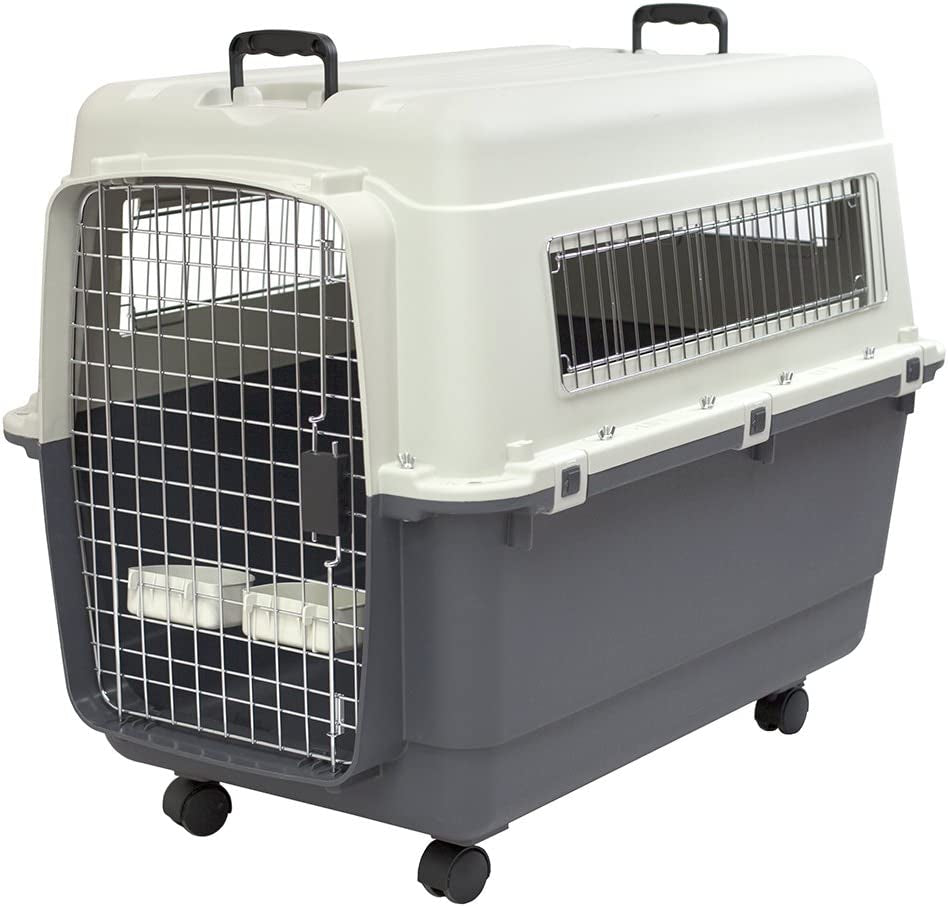 Plastic Kennels Rolling Plastic Wire Door Travel Dog Crate- Large Kennel, Gray