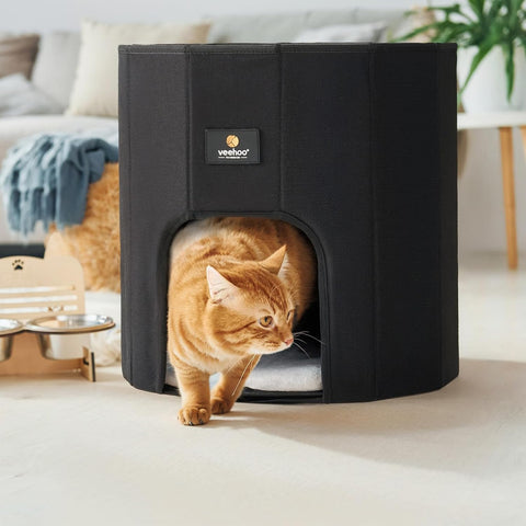 Cat House Cat Beds for Indoor Cats – Large Cat Hideaway Bed with Removable Cushion & Scratching Pad, Modern Foldable Cat Condo Enclosed Cat Bed Caves for Multi Small Pet Kitty Kitten, Black