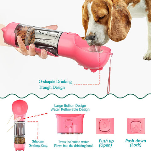 Dog Water Bottle - 10Oz Portable Dog Water Bottle Leak-Proof Dog Drinking Machine with Food Container and Garbage Bag Suitable for Pet Outdoor Dog Accessories（Pink）