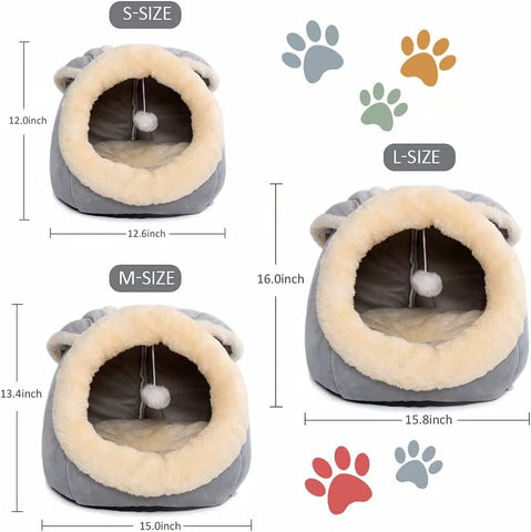 Beds for Indoor Cats - with Anti-Slip Bottom, Rabbit-Shaped Dog Cave with Hanging Toy, Puppy Bed with Removable Cotton Pad, Super Soft Calming Pet Sofa (Grey Small)