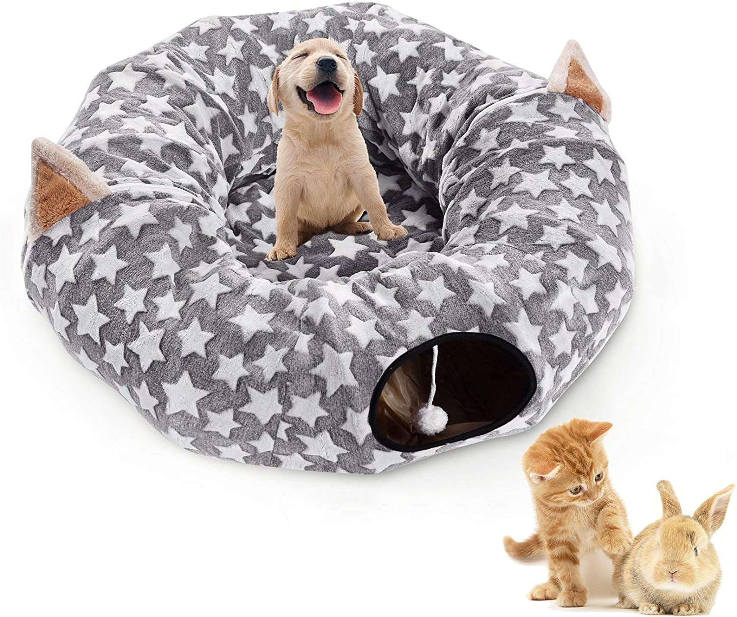 Large Cat Tunnel Bed with Plush Cover,Fluffy Toy Balls, Small Cushion and Flexible Design- 10 Inch Diameter, 3 Ft Length- Great for Cats, and Small Dogs, Gray Geometric Figure