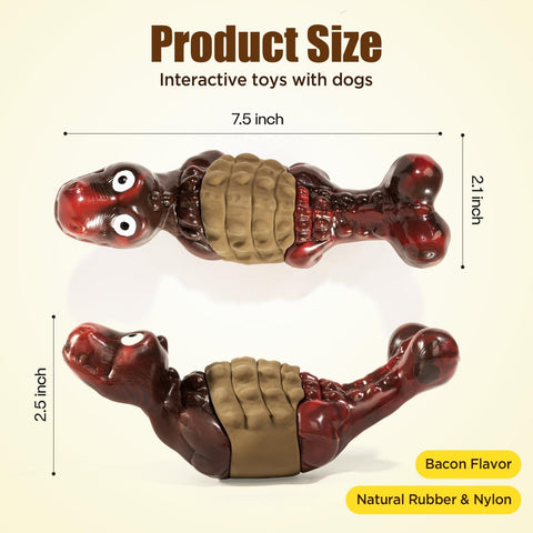 Indestructible Dog Toy for Aggressive Chewers, Tough Nylon Dog Toy for Large Dogs, Real Bacon Flavored Dog Chew Toy for Medium/Large Breed Dogs (Chew Series, Red Dinosaur)