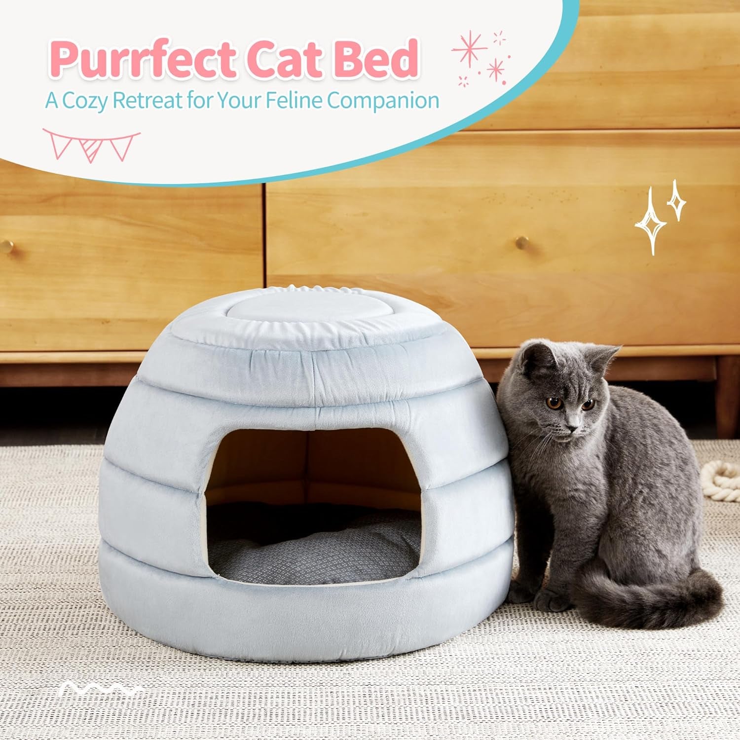 Made4Pets Cat Bed and House, 2-In-1 Foldable Cat Houses for Indoor Cats, Soft Velvet Cat Cave, Removable and Washable Cushion, Cat Condo for All-Season Comfort and Style