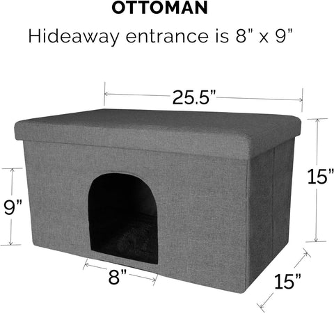 Pet House for Indoor Cats & Medium/Small Dogs, Collapsible & Foldable W/ Plush Ball Toy - Living Room Ottoman Cat Condo - Stormy Gray, Large