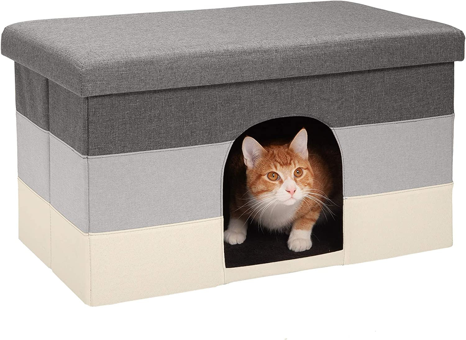 Pet House for Indoor Cats & Medium/Small Dogs, Collapsible & Foldable W/ Plush Ball Toy - Living Room Ottoman Cat Condo - Stormy Gray, Large