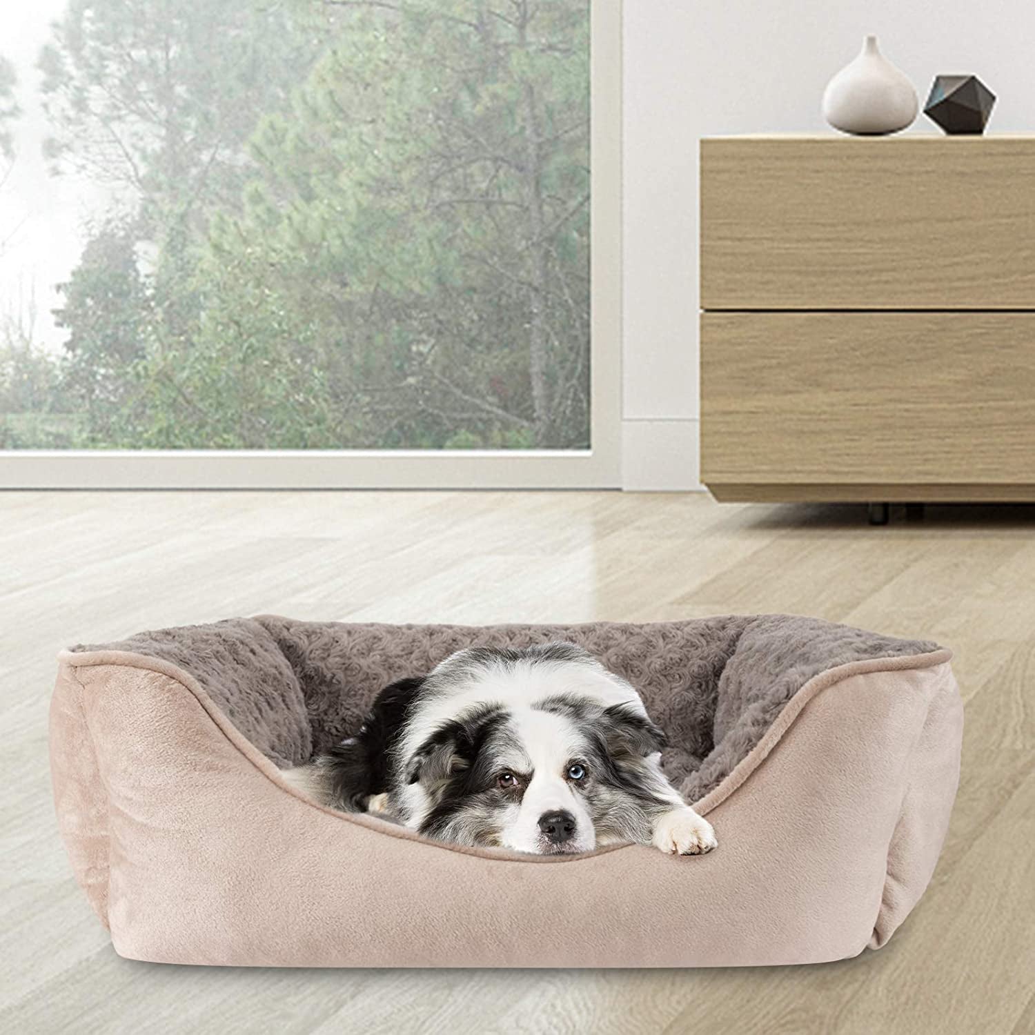 Rectangle Dog Bed for Large Medium Small Dogs Machine Washable Sleeping Sofa Non-Slip Bottom Breathable Soft Puppy Bed Durable Orthopedic Calming Pet Cuddler, Multiple Size, Beige