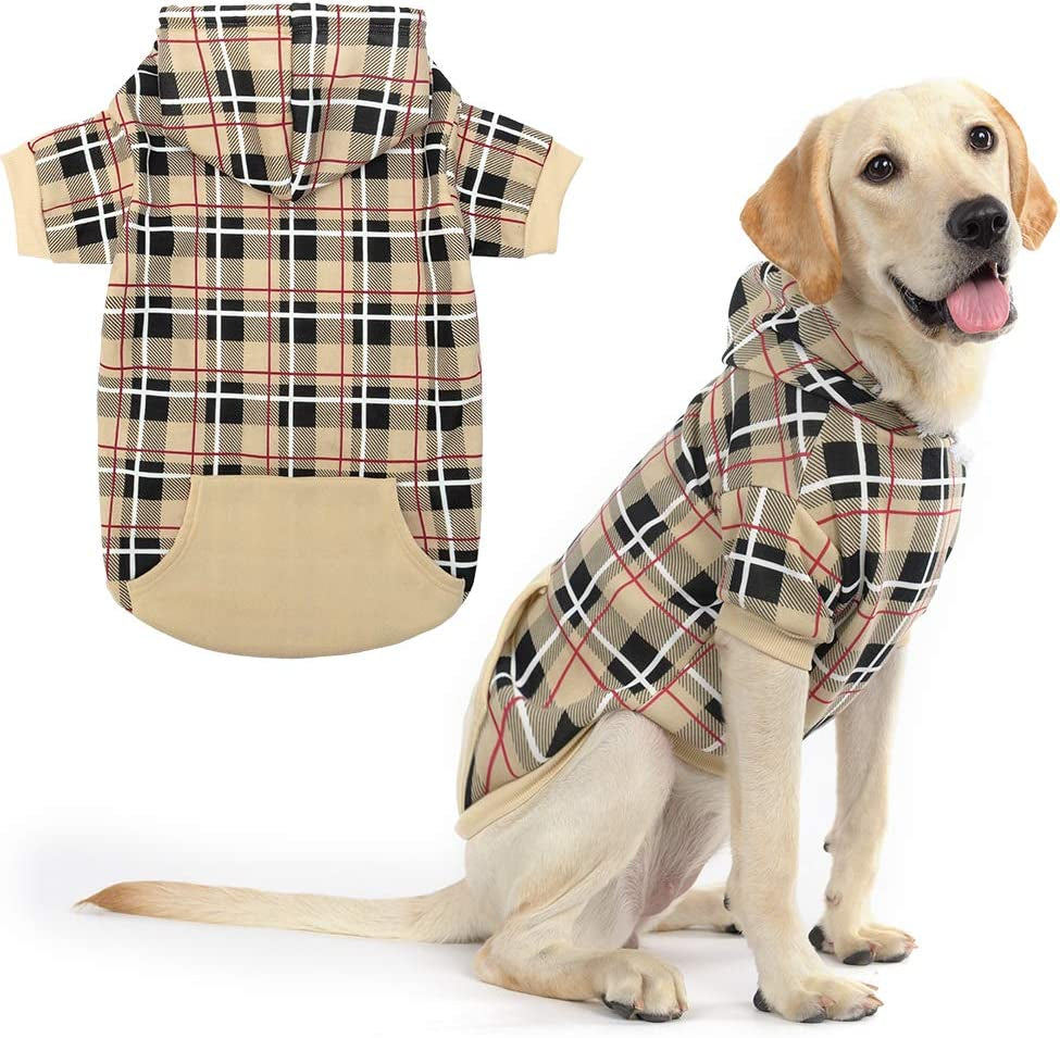 Plaid Dog Hoodie - British Style Soft and Warm Dog Sweater with Leash Hole, Hooded Cold Weather Clothes, Dog Sweatshirt, Outfits, Winter Coat for Small Medium Large Dogs