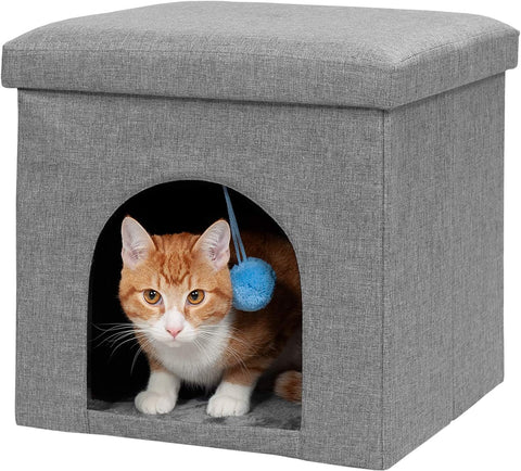 Pet House for Indoor Cats & Medium/Small Dogs, Collapsible & Foldable W/ Plush Ball Toy - Living Room Ottoman Cat Condo - Stormy Gray, Large