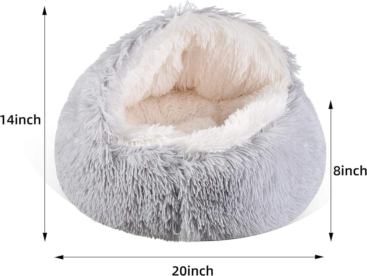 Cat Bed round Fluffy Hooded Cat Bed Cave with Non-Collapsed Plush Cover,Cat Bed Donut for Indoor Cats,Calming Dog Beds&Cat,Anti-Slip&Waterproof Bottom,Washable Bed,20Inch,Grey