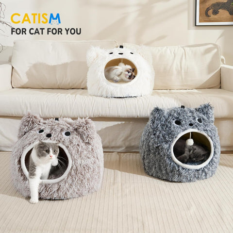 Cat Bed, Cat Beds for Indoor Cats Washable, Cute Warm Cat Cave, Large Cat & Dog Bed Cave, Cozy Plush Hooded Cat Bed with Soft Cushion, White (20 * 20 * 16 Inches)