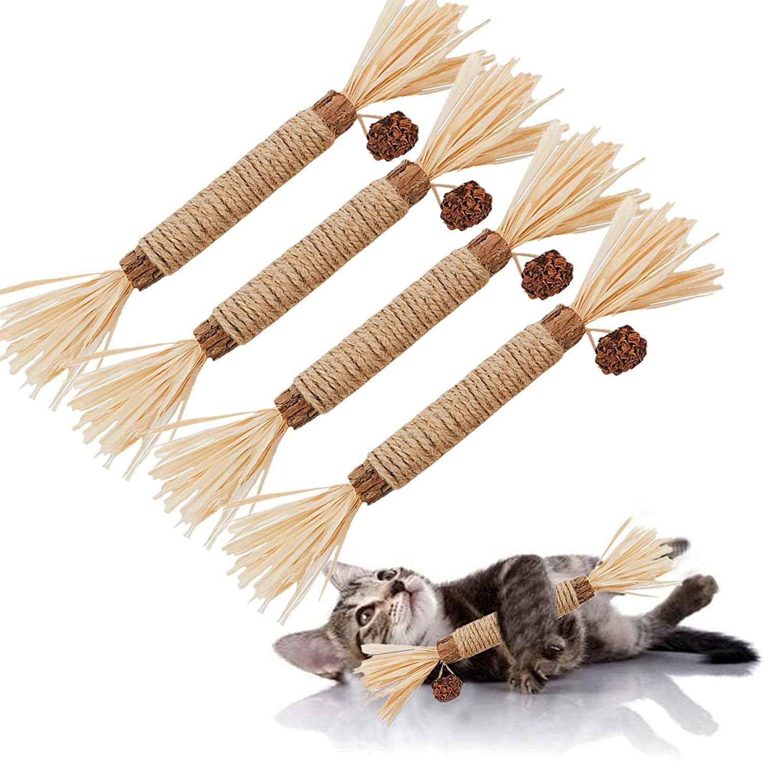 Cat Toys,4Pack Silvervine Chew Stick,Kitten Treat Catnip Toy Kitty Natural Stuff Catnip for Cleaning Teeth Indoor Dental Snack Interactive Exercise Hamster Chinchilla Gerbil Rabbit Bunny