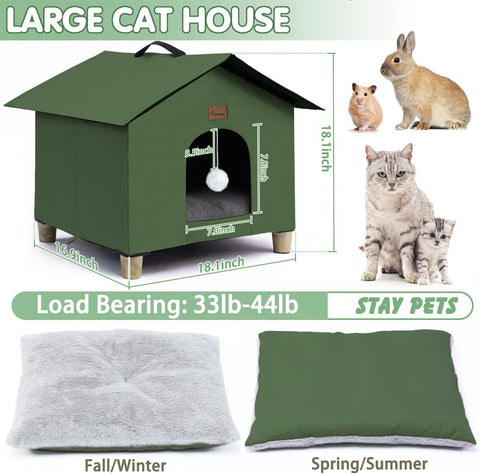 Outdoor Cat House for Winter, Weatherproof Feral Cat Shelter with Removable Soft Mat, Collapsible Cat Houses for Outdoor/Indoor Cats, Kitty Cat Condos 18 X17X18Inch (Upgraded-Army Green)