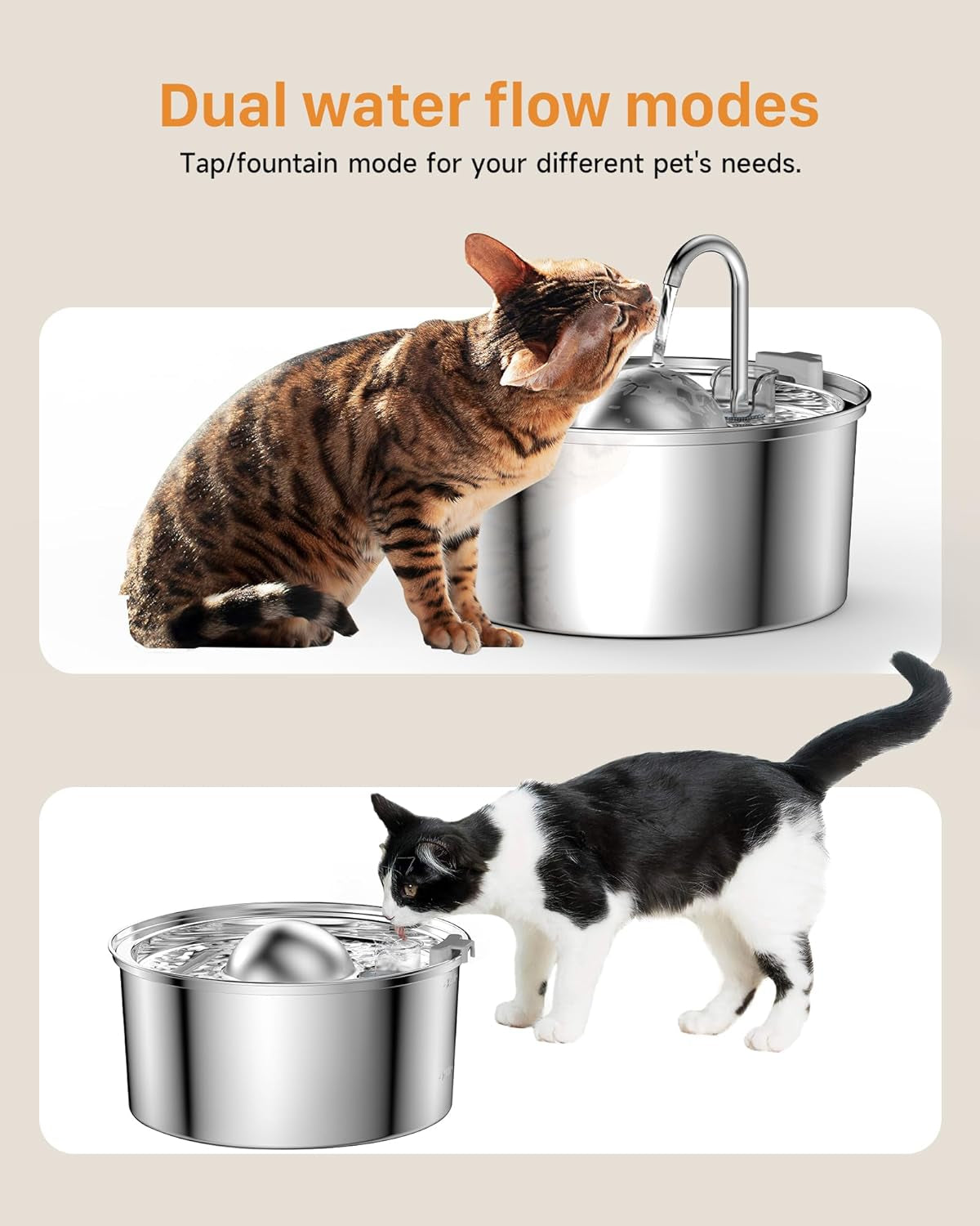 Cat Water Fountain Stainless Steel, 304 Food-Grade Materials Pet Water Fountain, 24/7 Keep the Water Fresh, 108Oz Capacity, Ultra-Quiet, No Sputter, Compact, Easy Cleaning, Suit for Pets