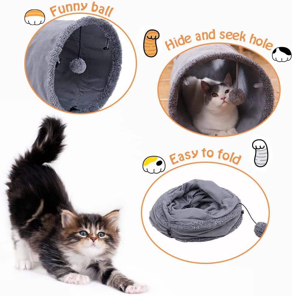 Collapsible Cat Tunnel,Durable Suede Pet Toys Play Tunnel with Ball and Hole,For Cats,Rabbits,Kittens,Puppy and Small Pets (Grey 51X12Inch)