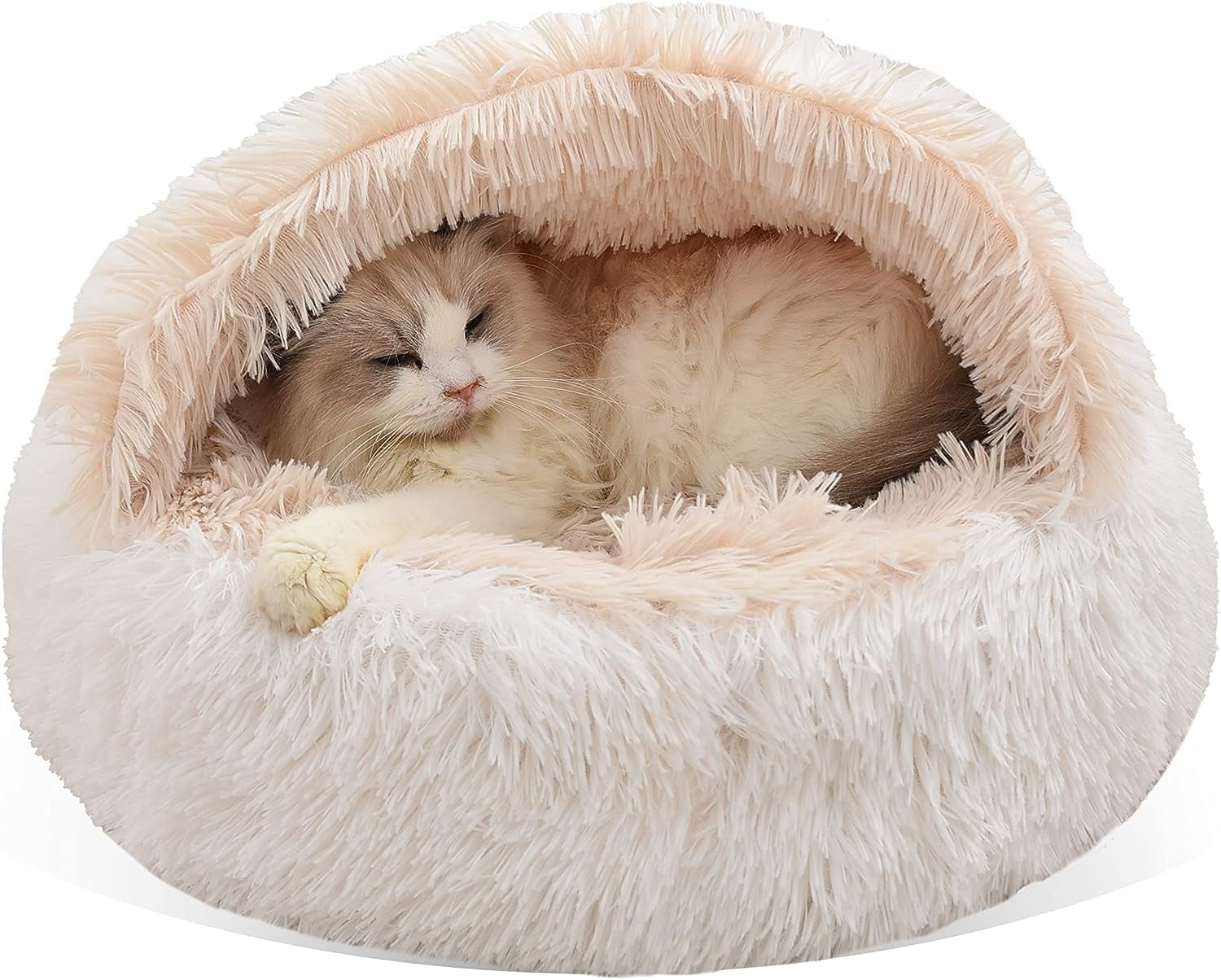 Cat Bed round Fluffy Hooded Cat Bed Cave with Non-Collapsed Plush Cover,Cat Bed Donut for Indoor Cats,Calming Dog Beds&Cat,Anti-Slip&Waterproof Bottom,Washable Bed,20Inch,Grey