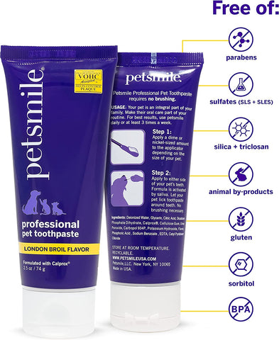 Professional Pet Brushing Kit | Cat & Dog Dental Care | Controls Plaque, Tartar, & Bad Breath | Only VOHC Accepted Toothpaste | Teeth Cleaning Pet Supplies (London Broil, 2.5 Oz)