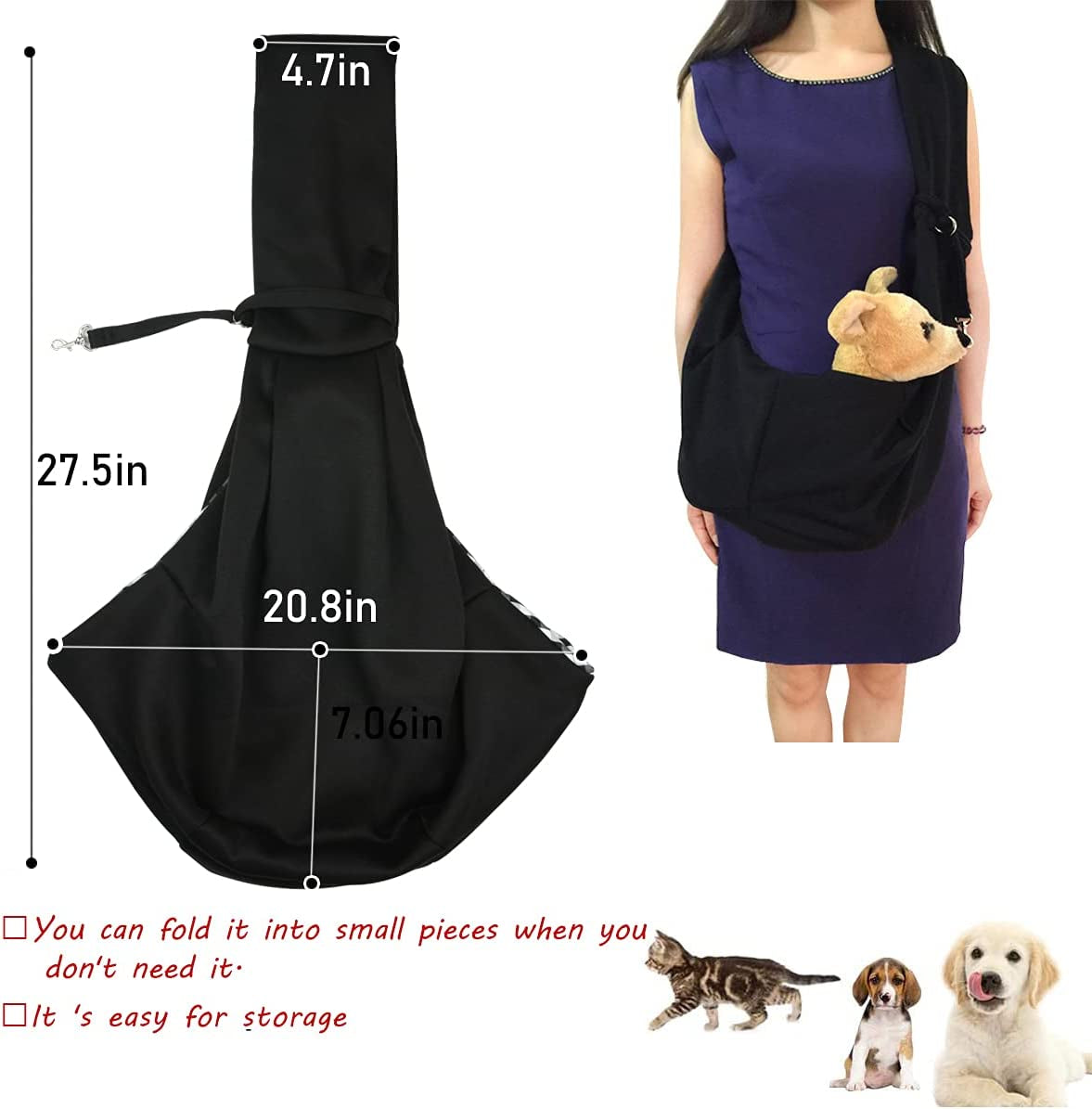 Dog and Cat Sling Carrier Little Pet Carrier Shoulder Crossbody Pet Slings for Outdoor Traveling Subway (Black)