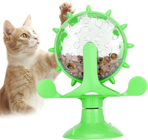 Interactive Cat Food Treats Dispenser Toy, Pet Slow Feeder Feed Training Toy Cat Windmill Toy Dog Food Dispenser, 360° Rotating Windmill Suction Cup Toys for Educational Interactive Training (Blue)