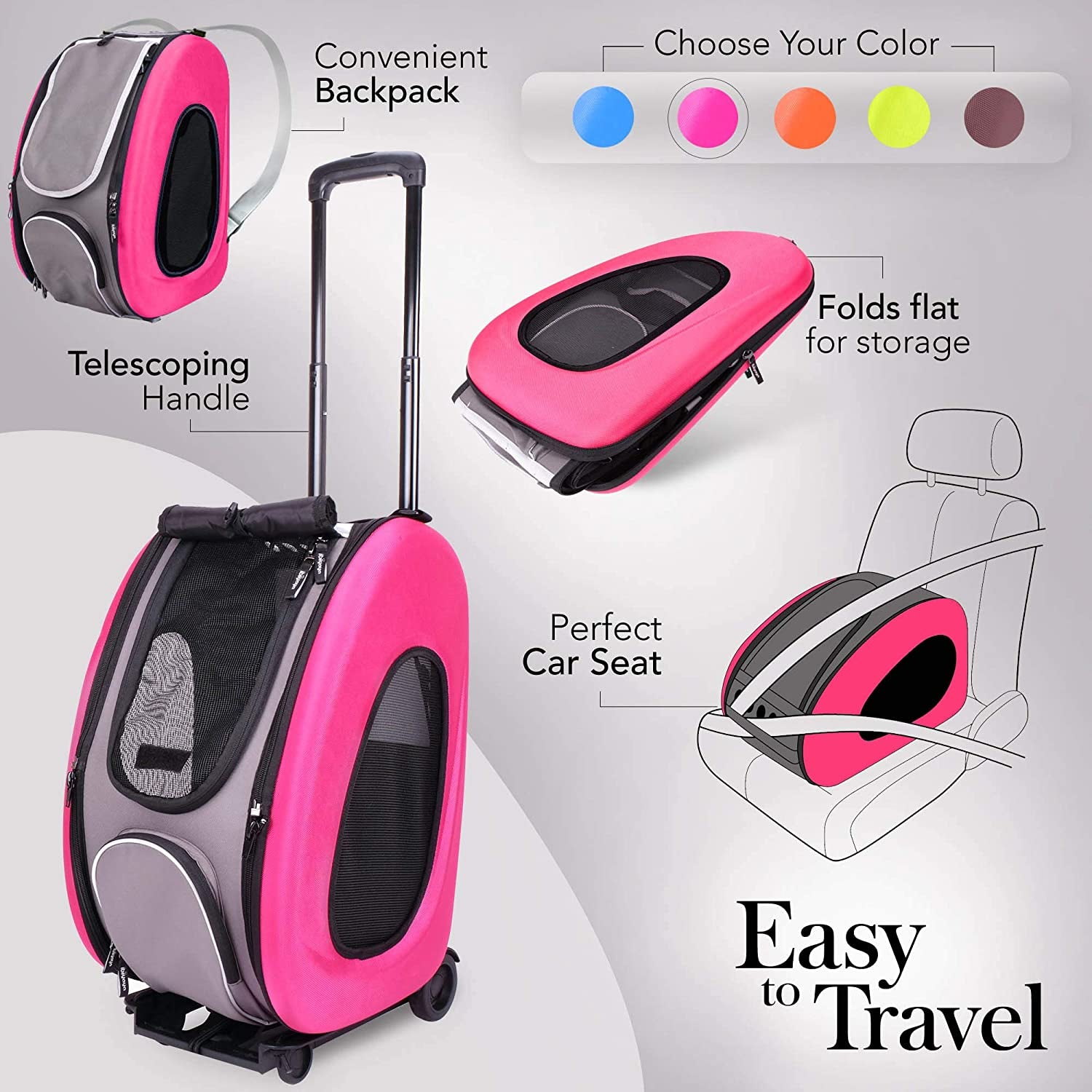 - Compact 5-In-1 Convertible and Foldable Small Pet Carrier and Stroller - Multifunctional Combo System Cat Stroller and Dog Stroller - Pets up to 16 Pounds - Pink