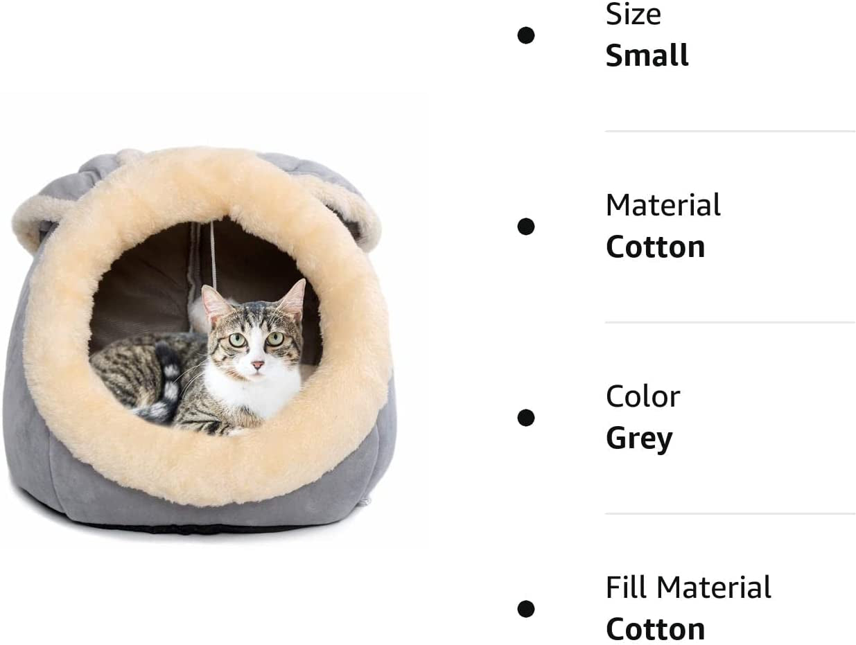 Beds for Indoor Cats - with Anti-Slip Bottom, Rabbit-Shaped Dog Cave with Hanging Toy, Puppy Bed with Removable Cotton Pad, Super Soft Calming Pet Sofa (Grey Small)