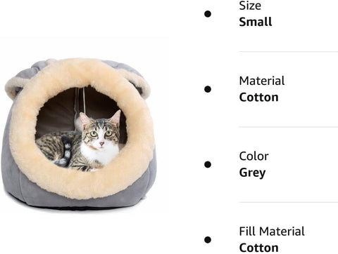 Beds for Indoor Cats - with Anti-Slip Bottom, Rabbit-Shaped Dog Cave with Hanging Toy, Puppy Bed with Removable Cotton Pad, Super Soft Calming Pet Sofa (Grey Small)