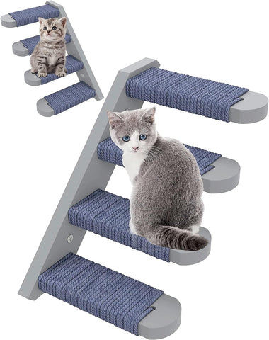 Cat Wall Steps - Solid Rubber Wood Cat Stairs Great for Scratching and Climbing - Easy to Install Wall Mounted Cat Shelves for Playful Cats (Wood, Right-Left)