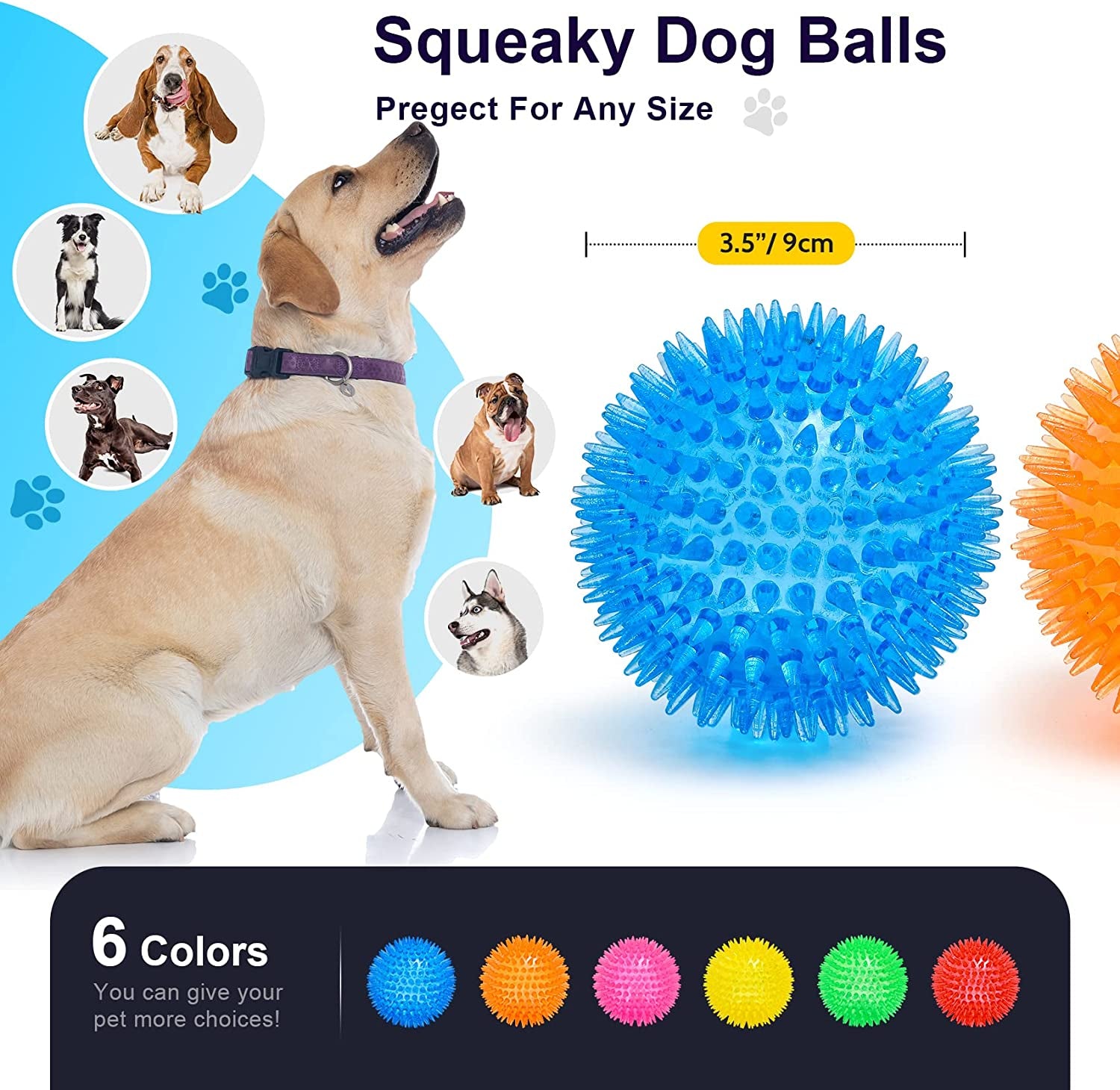 3.5” Squeaky Dog Toy Balls (6 Colors) Puppy Chew Toys for Teething, BPA Free Non-Toxic, Spikey Medium, Large & Small Dogs, Durable Aggressive Chewers