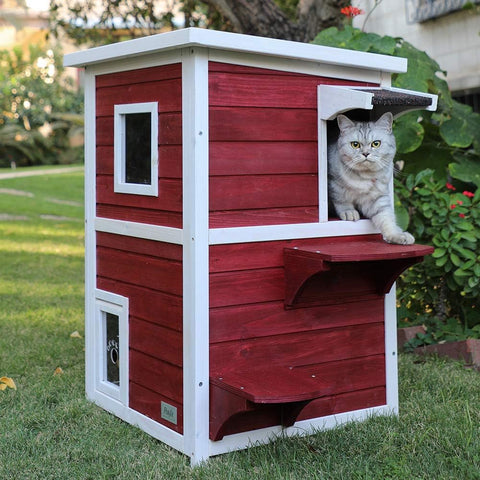 Outdoor Cat House, 2 Story outside Cat Shelter Condo Enclosure with Escape Door for Stray Feral Cats Weatherproof