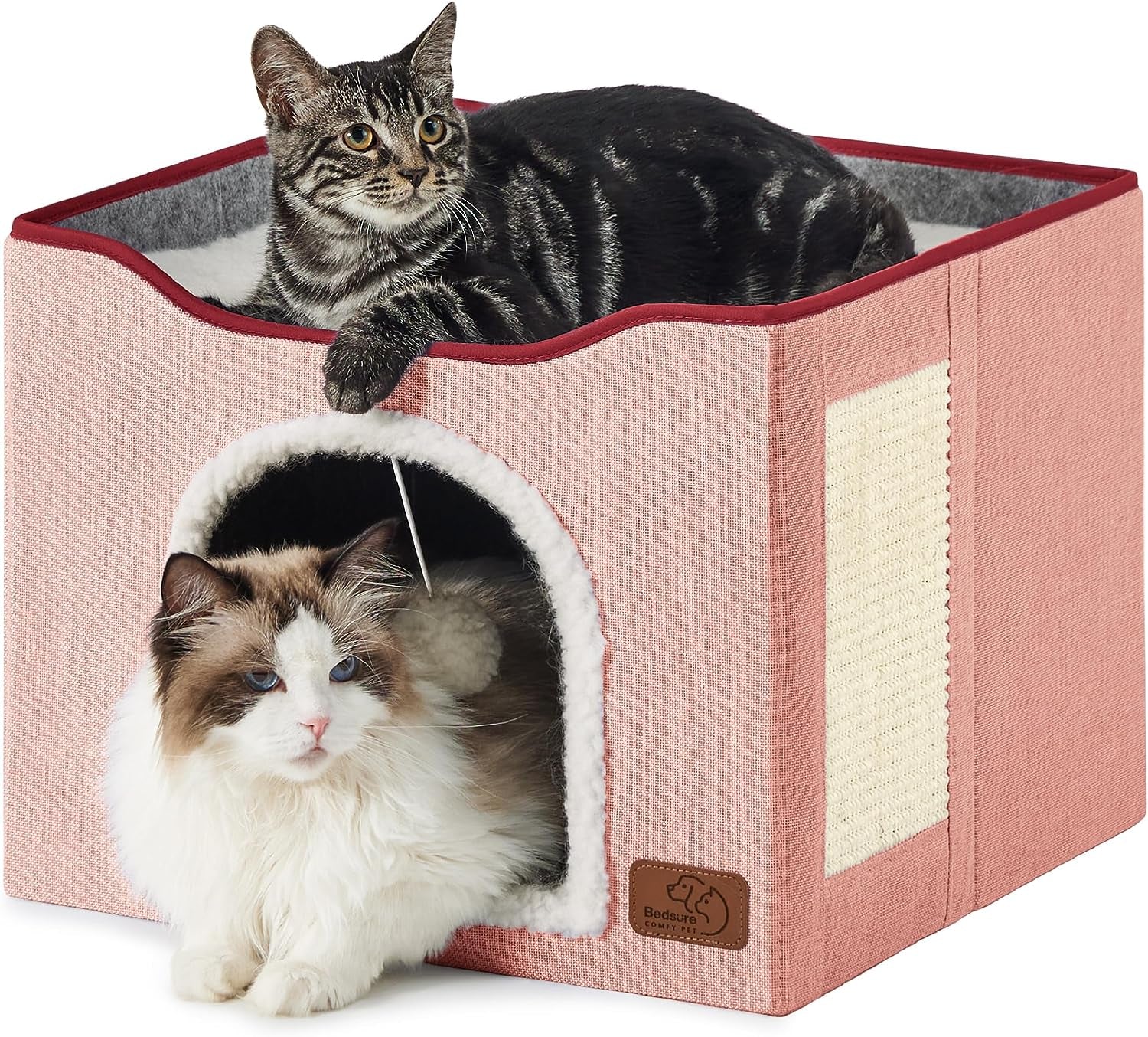 Cat Beds for Indoor Cats - Large Cat Cave for Pet Cat House with Fluffy Ball Hanging and Scratch Pad, Foldable Cat Hideaway,16.5X16.5X13 Inches, Grey