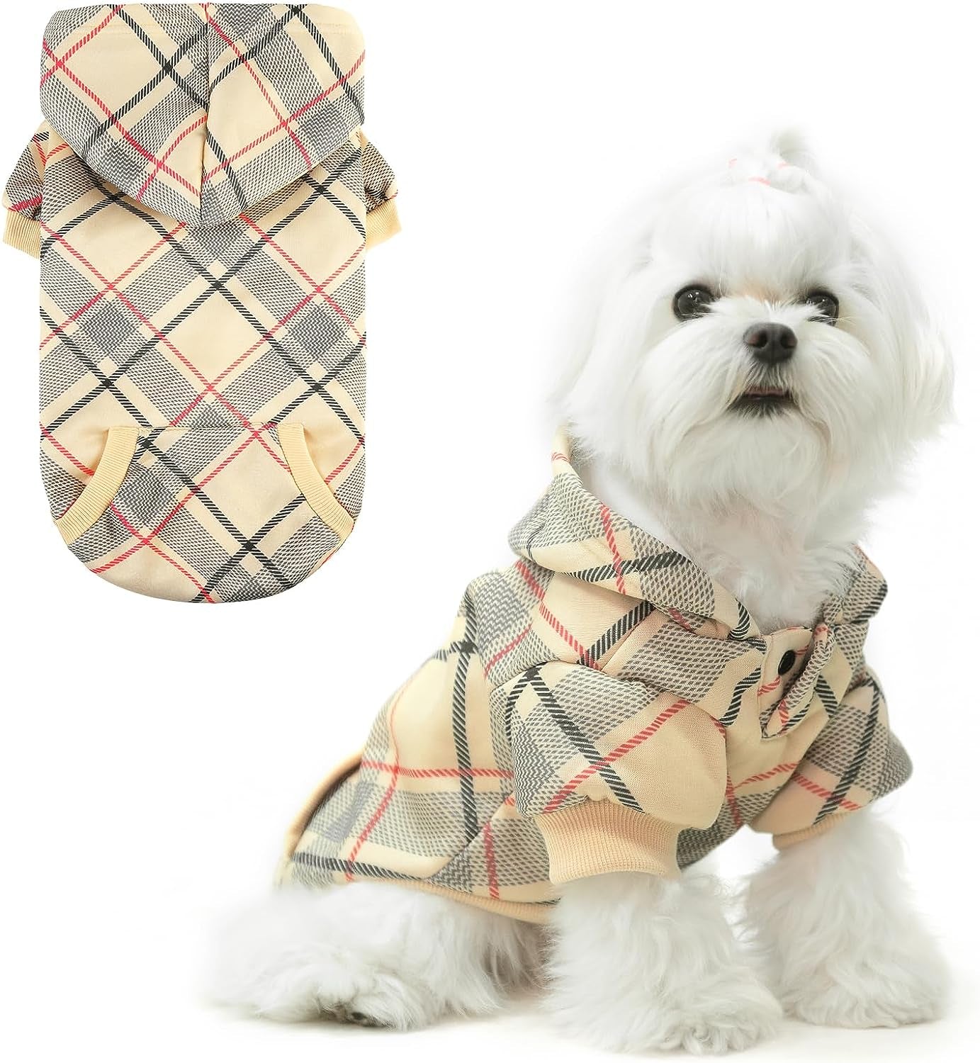 Plaid Dog Hoodie - British Style Soft and Warm Dog Sweater with Leash Hole, Hooded Cold Weather Clothes, Dog Sweatshirt, Outfits, Winter Coat for Small Medium Large Dogs