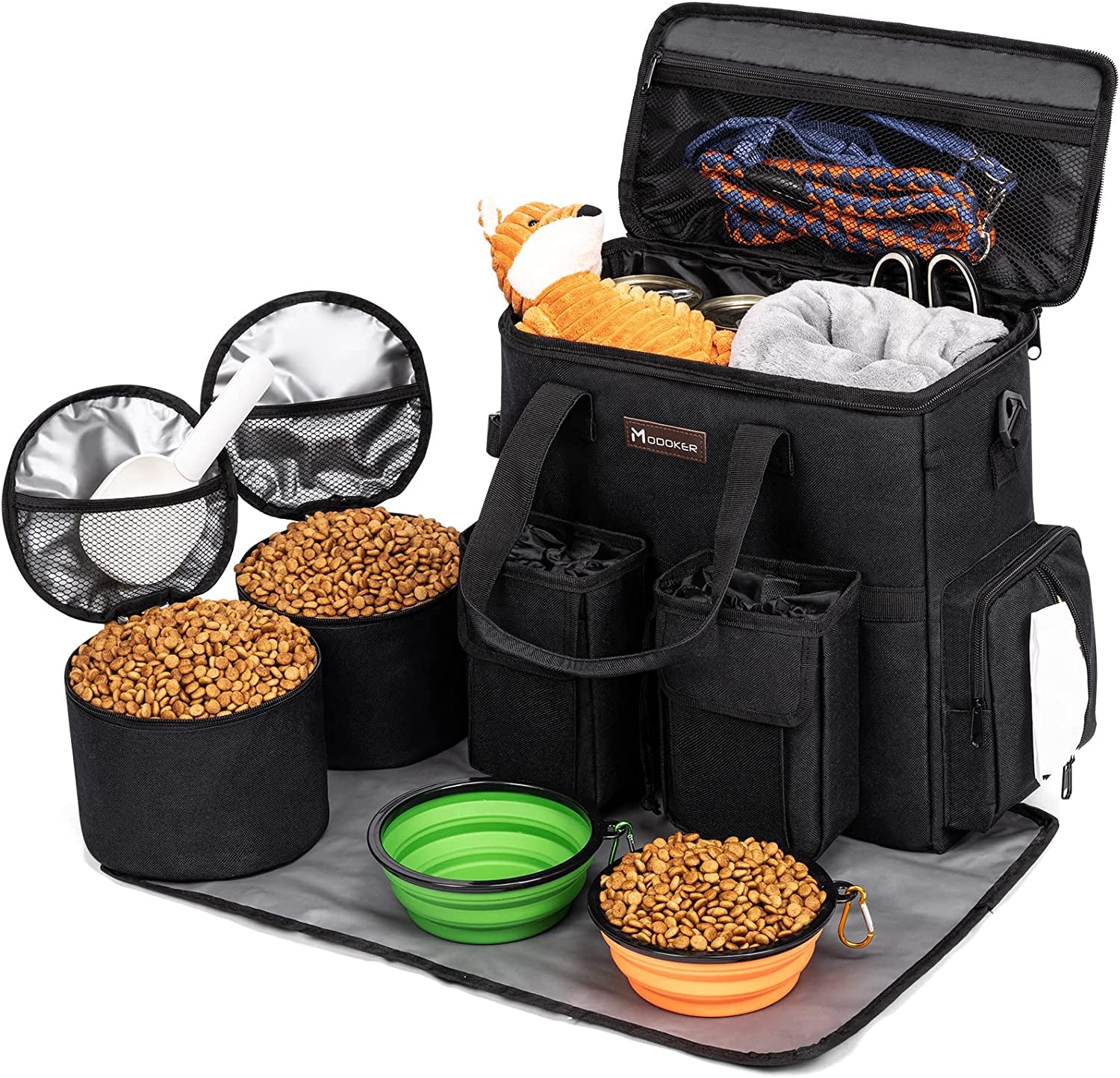 Dog Travel Bag Dog Travel Kit for a Weekend Away Set Includes Pet Travel Bag Organizer for Accessories, 2 Collapsible Dog Bowls, 2 Travel Dog Food Container (Black)