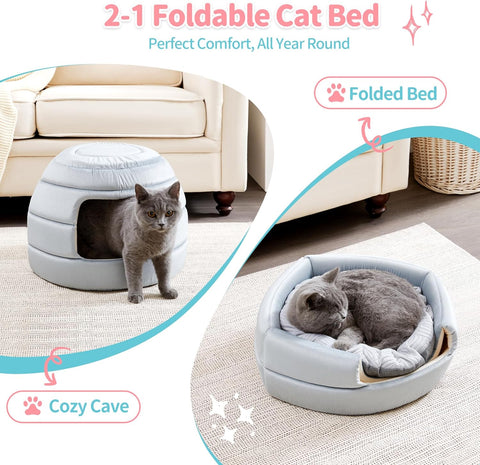 Made4Pets Cat Bed and House, 2-In-1 Foldable Cat Houses for Indoor Cats, Soft Velvet Cat Cave, Removable and Washable Cushion, Cat Condo for All-Season Comfort and Style