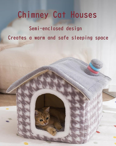 Cat House for Cats, Chimney Cat Houses for Indoor Cats, Enough Interior Space,Pet Bed for Puppy and Kitty, Extra Soft & Machine Washable with Anti-Slip, Cartoon Cute Chimney Cat House Blue L