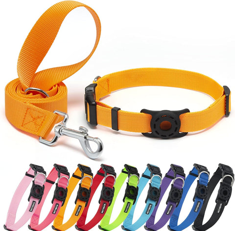 Nylon Dog Collar with Safety Locking Buckle, Adjustable Pet Collars and Leash Set with Airtag Dog Collar Holder for Small Medium Large Dogs