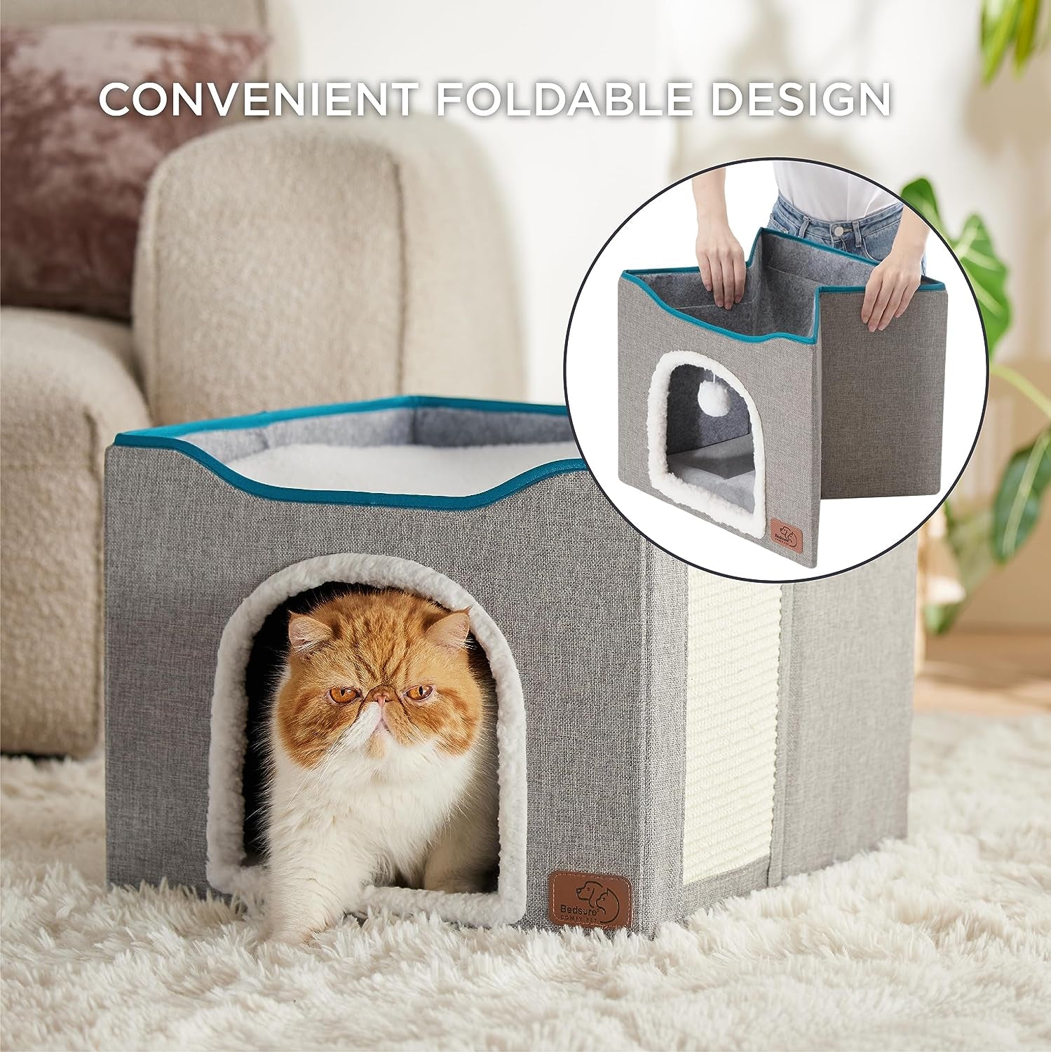 Cat Beds for Indoor Cats - Large Cat Cave for Pet Cat House with Fluffy Ball Hanging and Scratch Pad, Foldable Cat Hideaway,16.5X16.5X13 Inches, Grey