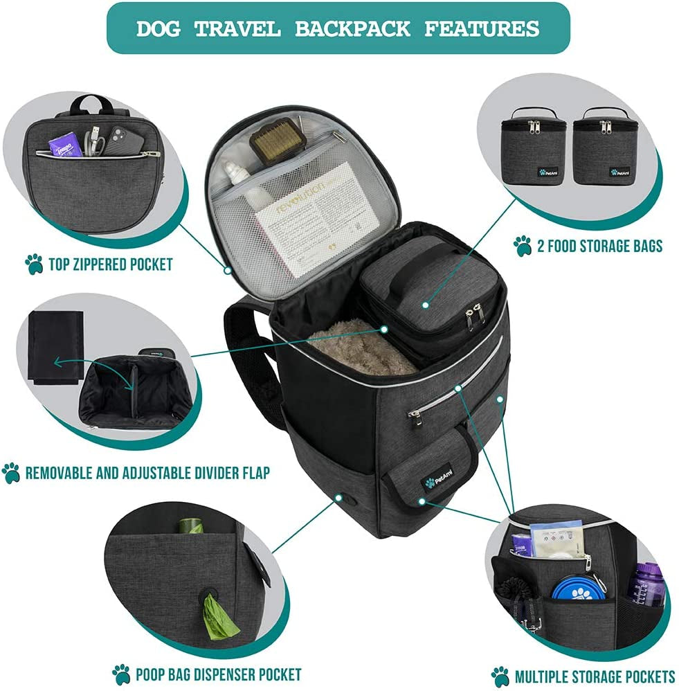 Dog Travel Bag Backpack, Airline Approved Dog Bags for Traveling, Puppy Diaper Bag Supplies, Pet Camping Essentials Hiking Accessories Dog Mom Gift, Food Container, Collapsible Bowls, Dark Gray