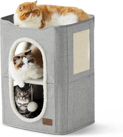 Cat Beds for Indoor Cats - Large Cat Cave for Pet Cat House with Fluffy Ball Hanging and Scratch Pad, Foldable Cat Hideaway,16.5X16.5X13 Inches, Grey