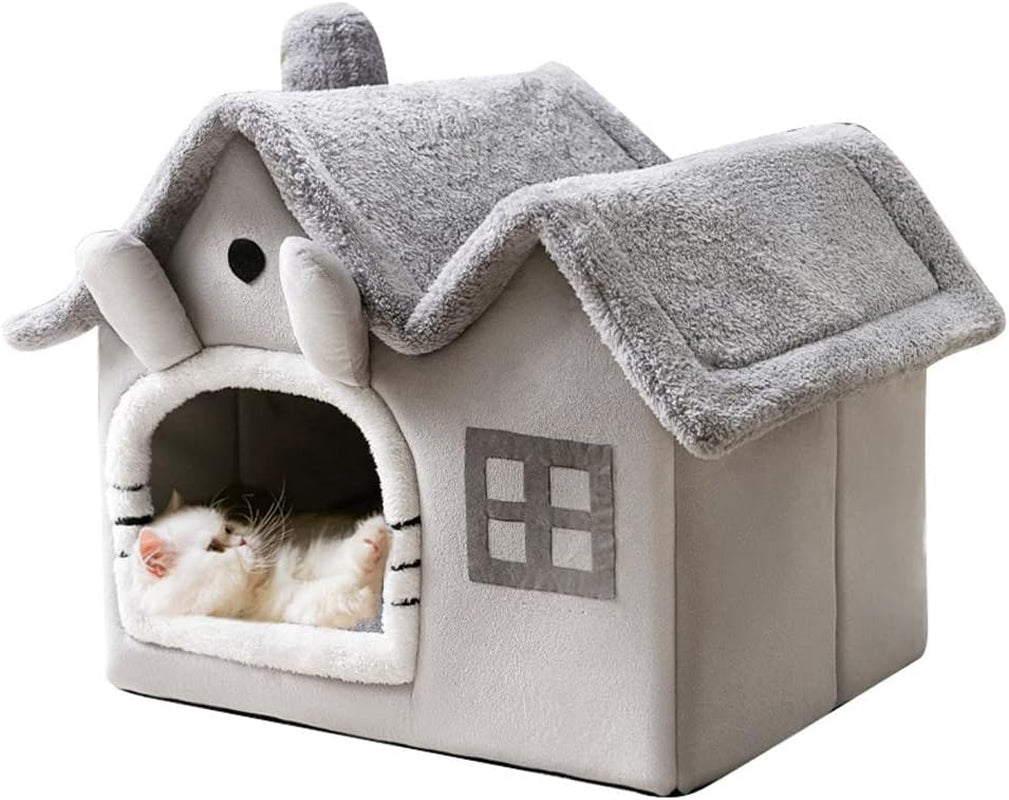 Luxury Double Roof Indoor Dog House Cat Nest,Foldable Warm Soft Kennel,26D High Elastic Memory Sponge,Removable Cushion and Non-Slip Bottom (Grey Double Roof, M)
