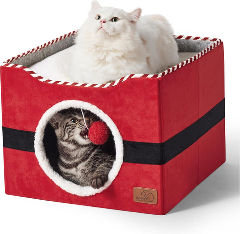 Cat Beds for Indoor Cats - Large Cat Cave for Pet Cat House with Fluffy Ball Hanging and Scratch Pad, Foldable Cat Hideaway,16.5X16.5X13 Inches, Grey