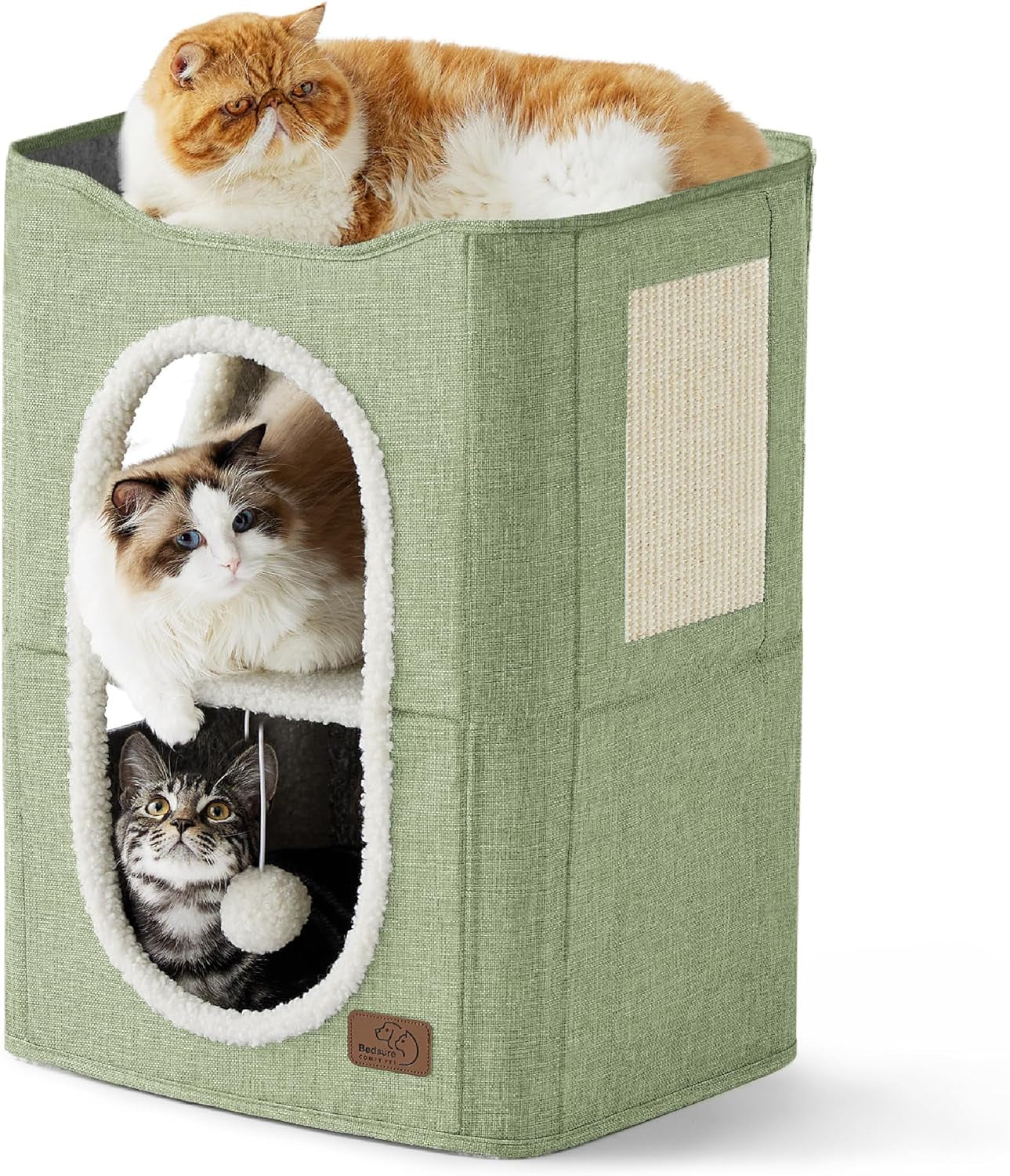 Cat Beds for Indoor Cats - Large Cat Cave for Pet Cat House with Fluffy Ball Hanging and Scratch Pad, Foldable Cat Hideaway,16.5X16.5X13 Inches, Grey