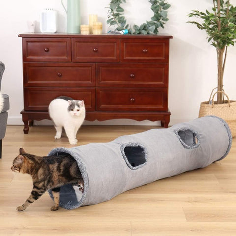 Collapsible Cat Tunnel,Durable Suede Pet Toys Play Tunnel with Ball and Hole,For Cats,Rabbits,Kittens,Puppy and Small Pets (Grey 51X12Inch)