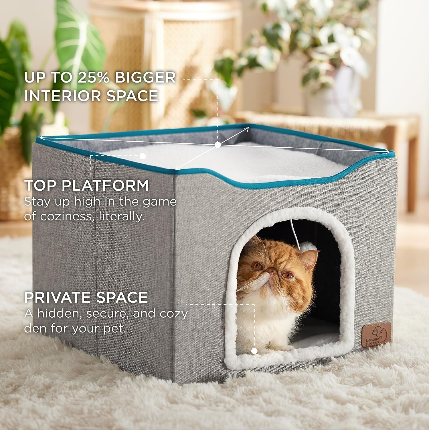 Cat Beds for Indoor Cats - Large Cat Cave for Pet Cat House with Fluffy Ball Hanging and Scratch Pad, Foldable Cat Hideaway,16.5X16.5X13 Inches, Grey