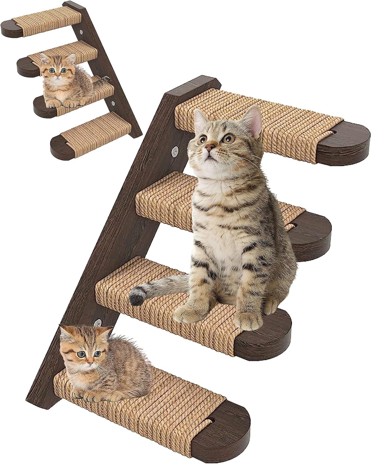 Cat Wall Steps - Solid Rubber Wood Cat Stairs Great for Scratching and Climbing - Easy to Install Wall Mounted Cat Shelves for Playful Cats (Wood, Right-Left)