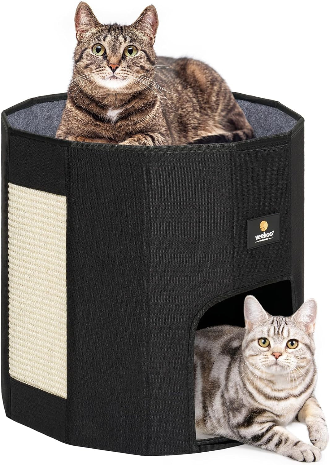 Cat House Cat Beds for Indoor Cats – Large Cat Hideaway Bed with Removable Cushion & Scratching Pad, Modern Foldable Cat Condo Enclosed Cat Bed Caves for Multi Small Pet Kitty Kitten, Black