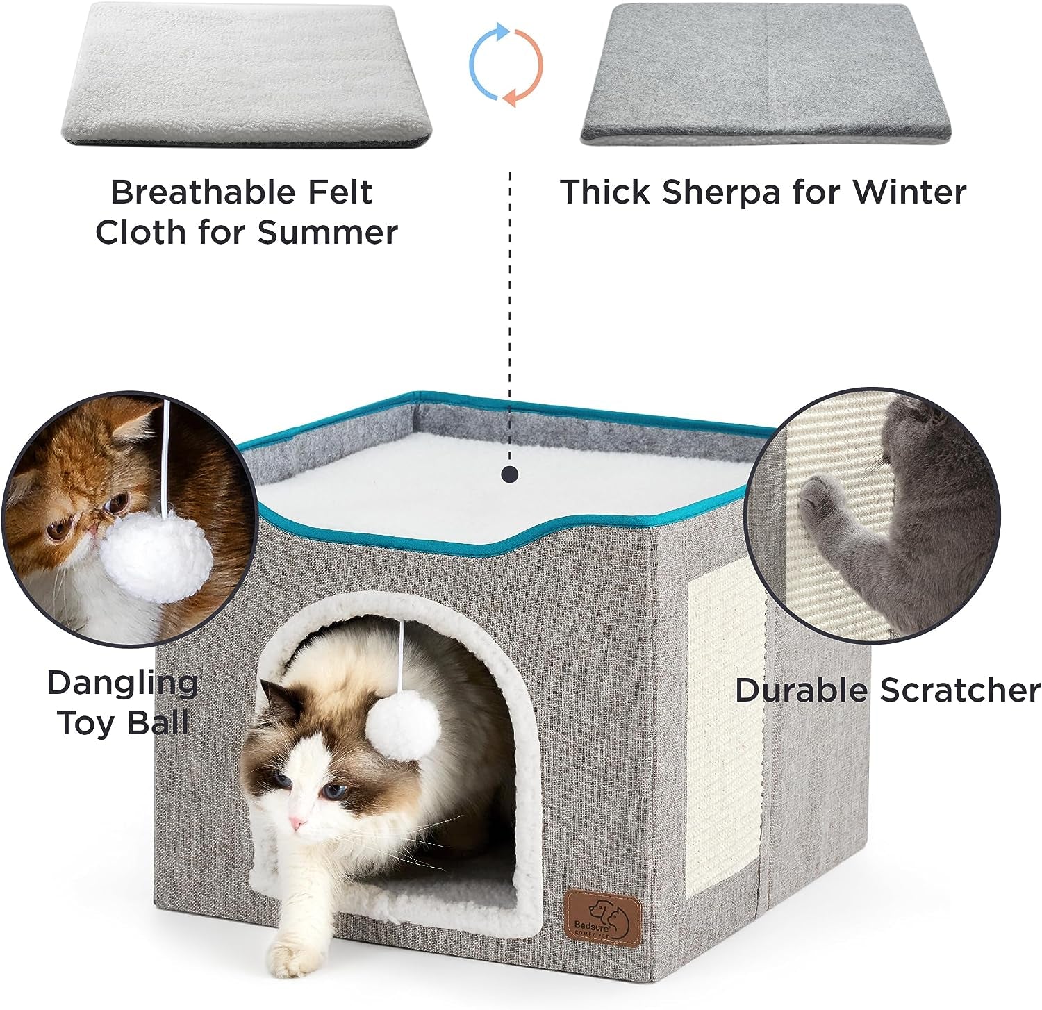 Cat Beds for Indoor Cats - Large Cat Cave for Pet Cat House with Fluffy Ball Hanging and Scratch Pad, Foldable Cat Hideaway,16.5X16.5X13 Inches, Grey